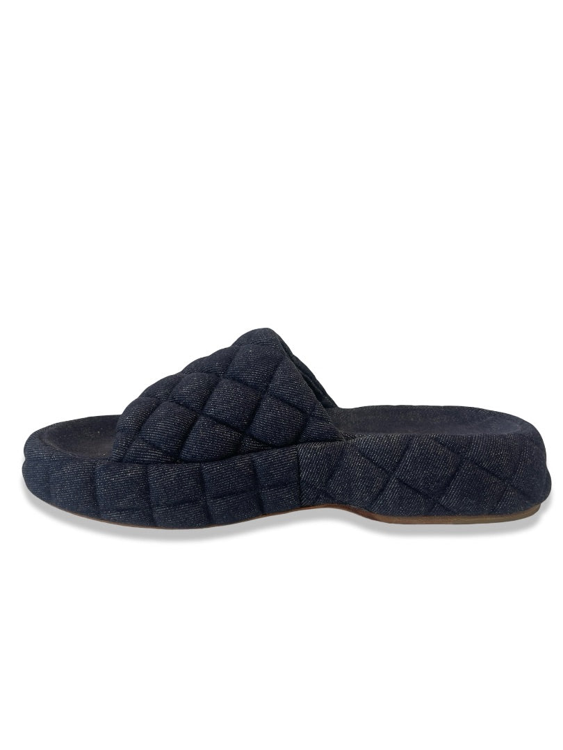 Bottega Veneta Navy Denim Quilted Slides. Size: 37