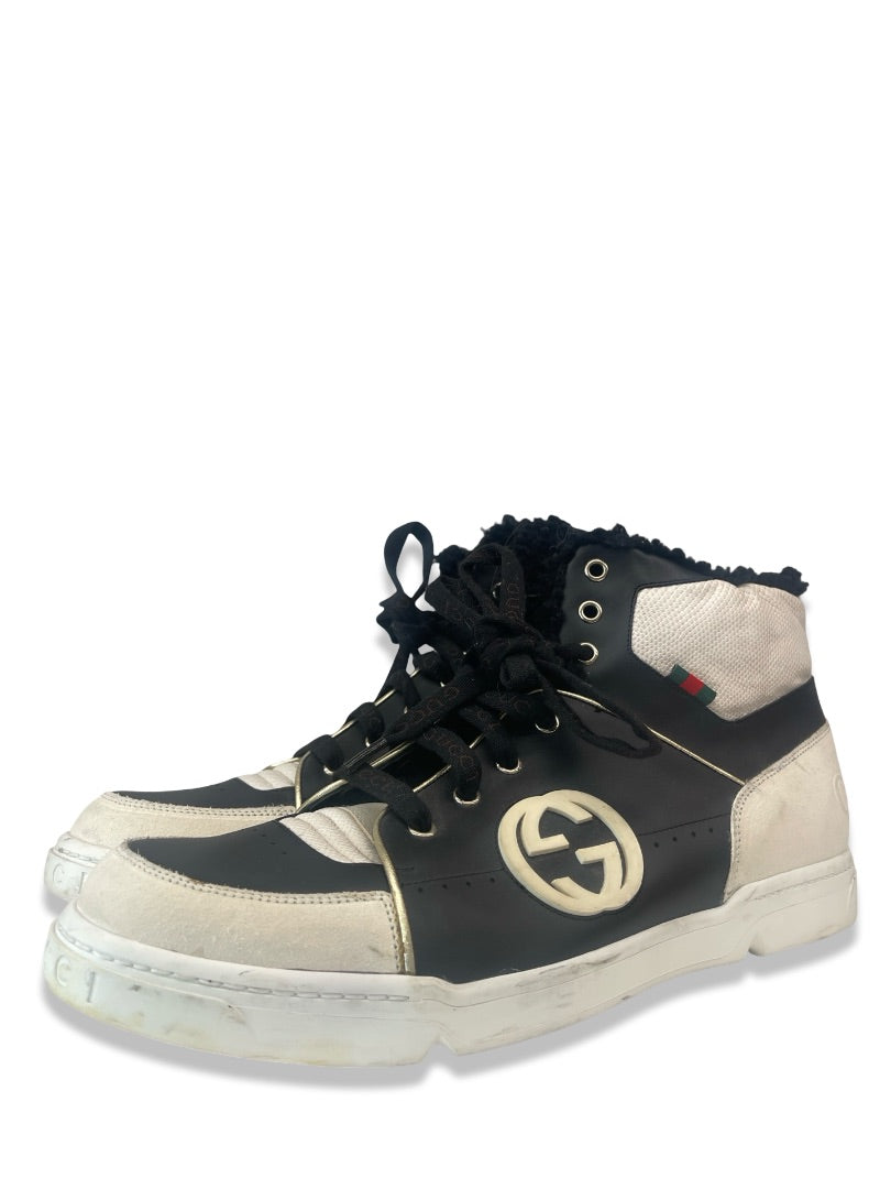 Gucci Black / White High Top Leather & Shearling Sneaker. Size: 10.5