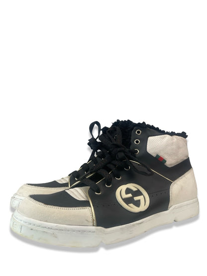 Gucci Black / White High Top Leather & Shearling Sneaker. Size: 10.5