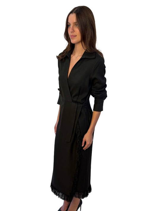 Beatrice Brown Twill Coat w/ Fringe Trim. Size: M