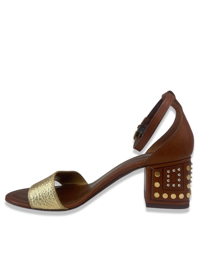 Louis Vuitton Brown / Gold Leather Studded Block Heel Sandal. Size: 40