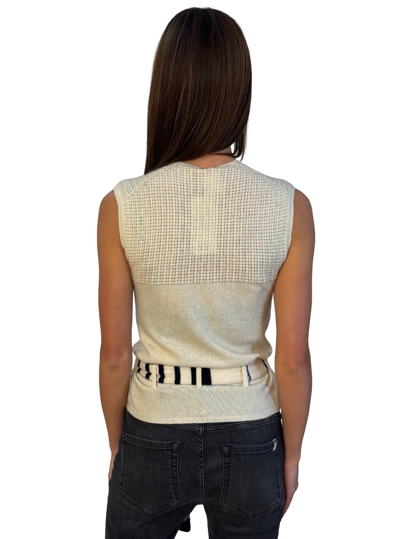 Chanel Cream / Navy Cashmere Knit Tank Top w/ Striped Waist Belt. Size: 40