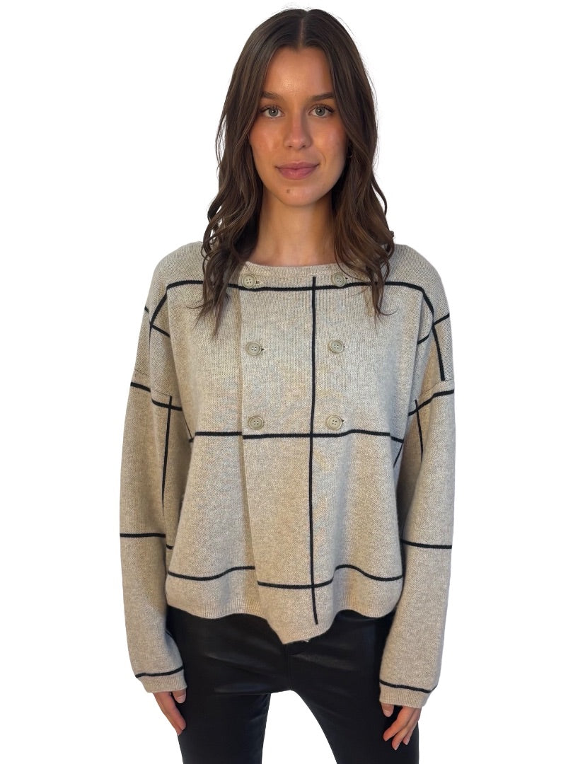 Vic & Bert Neutral Cashmere Windowpane Pattern Double Breasted Cardigan. Size: M