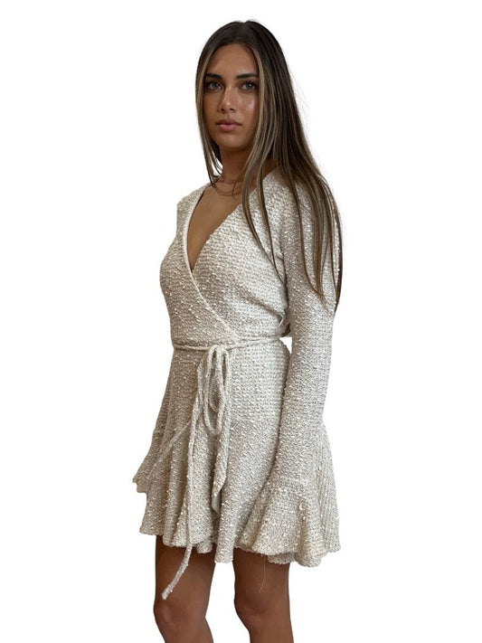 Shona Joy Neutral Mini Wrap Dress w/ Ruffle. Size: 8
