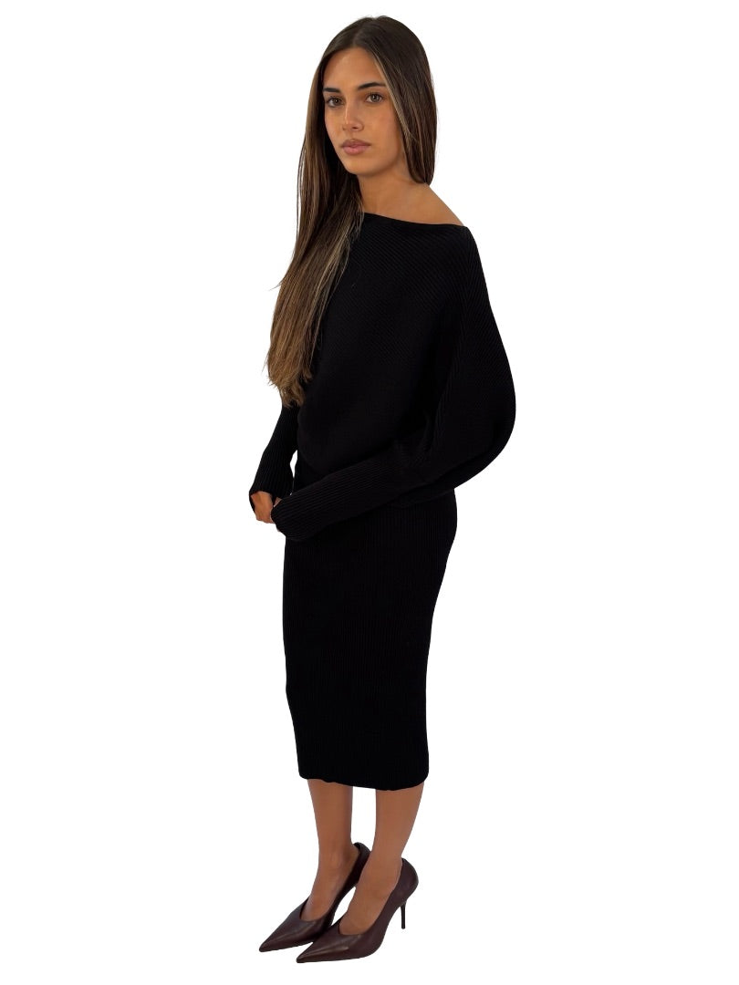 Reiss Black Ribbed Long Sleeve Assymetric Dress. Size: M