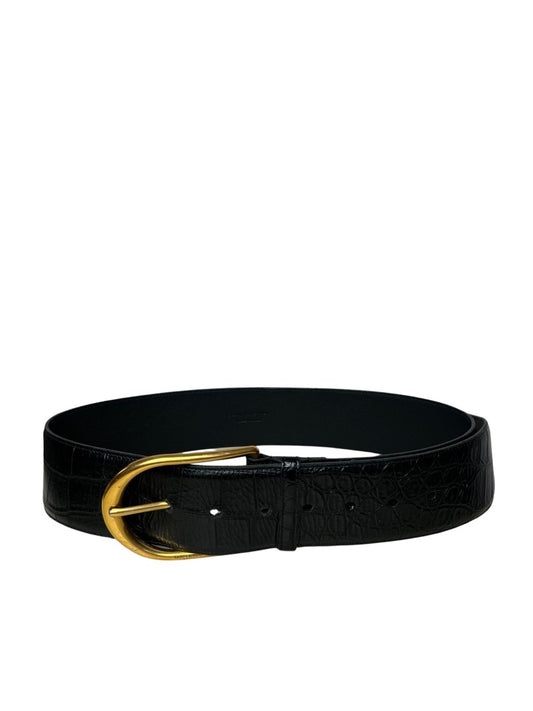 Saint Laurent Black Croc Effect Leather Belt w Gold Buckle. Size: 95cm