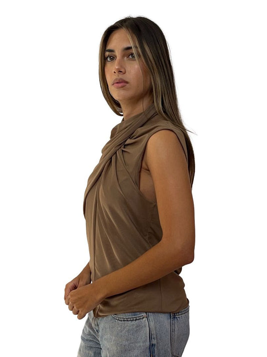 Scanlan Theodore Brown Mesh Crossover High Neck Top. Size: 10