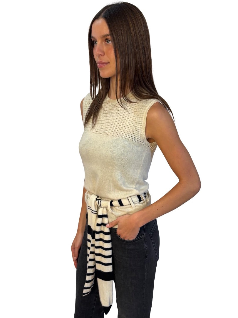 Chanel Cream / Navy Cashmere Knit Tank Top w/ Striped Waist Belt. Size: 40