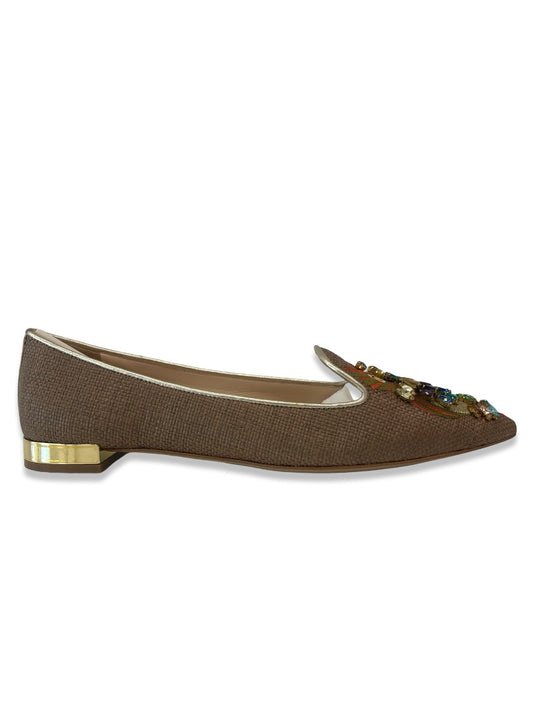 Roberto Festa Tan Woven Ballet Flats W Owl Jewel Embroidery. Size: 37
