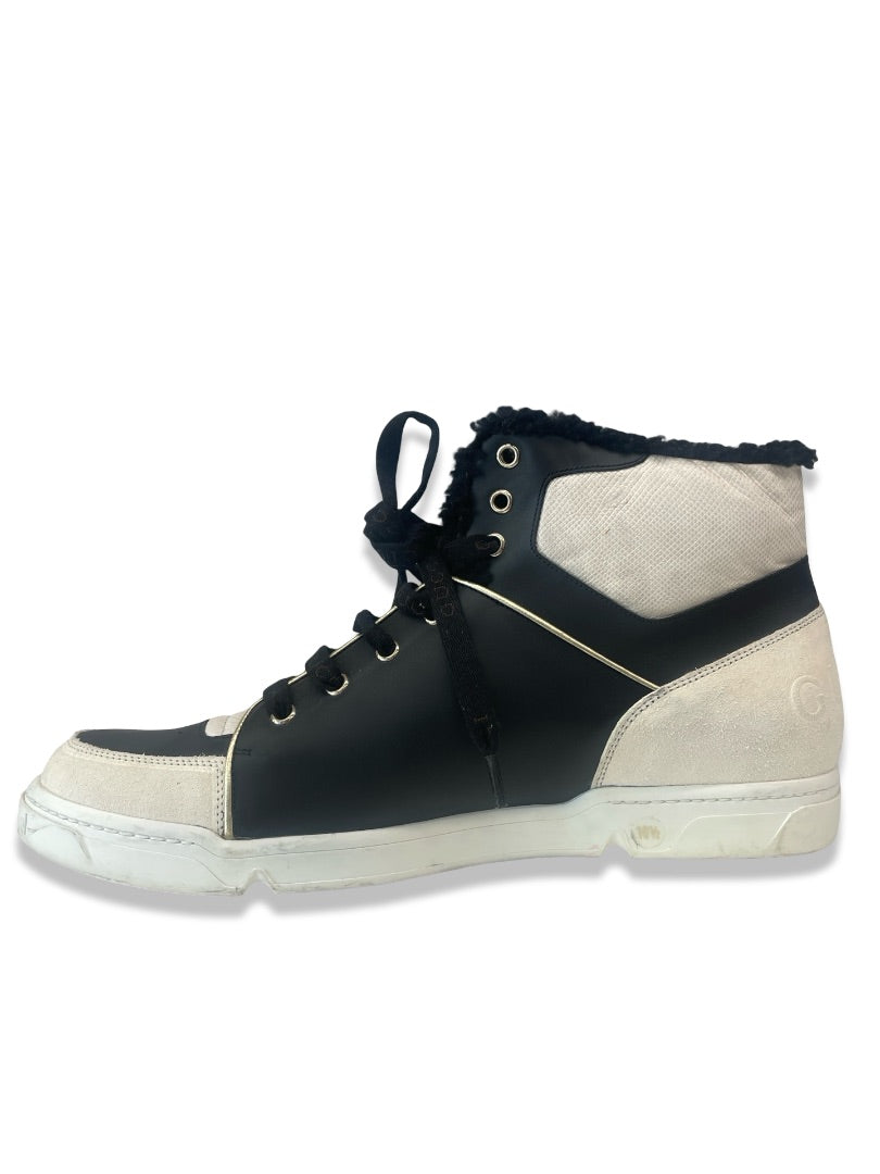 Gucci Black / White High Top Leather & Shearling Sneaker. Size: 10.5