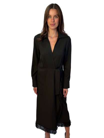 Beatrice Brown Twill Coat w/ Fringe Trim. Size: M