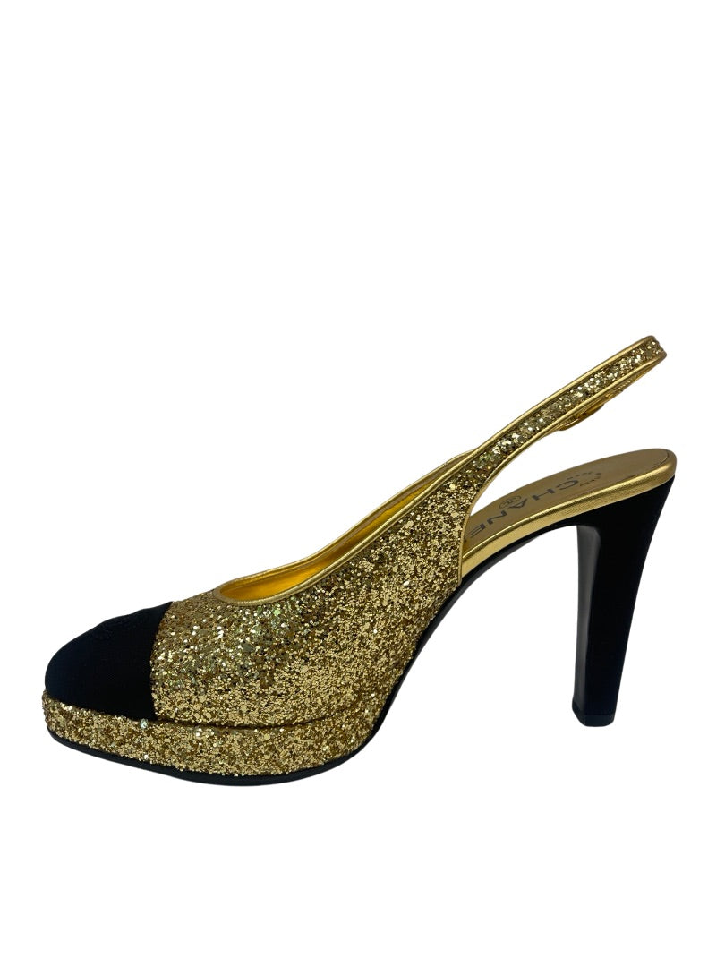 Chanel Gold & Black Sparkly Slingback Heels. Size: 40