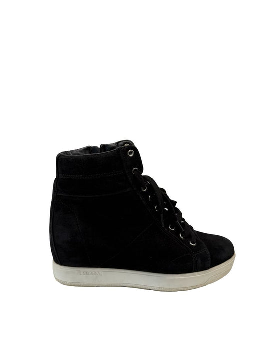 Prada Black Suede Hidden Wedge High Top Sneakers. Size: 39
