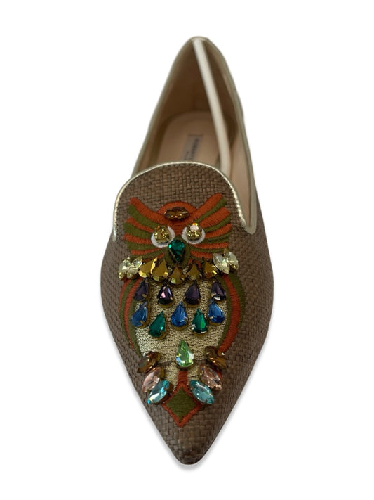 Roberto Festa Tan Woven Ballet Flats W Owl Jewel Embroidery. Size: 37