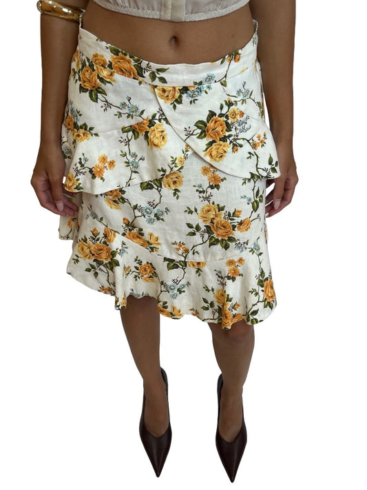 Zimmermann White Layered Skirt w/ Yellow Rose Print. Size: 1