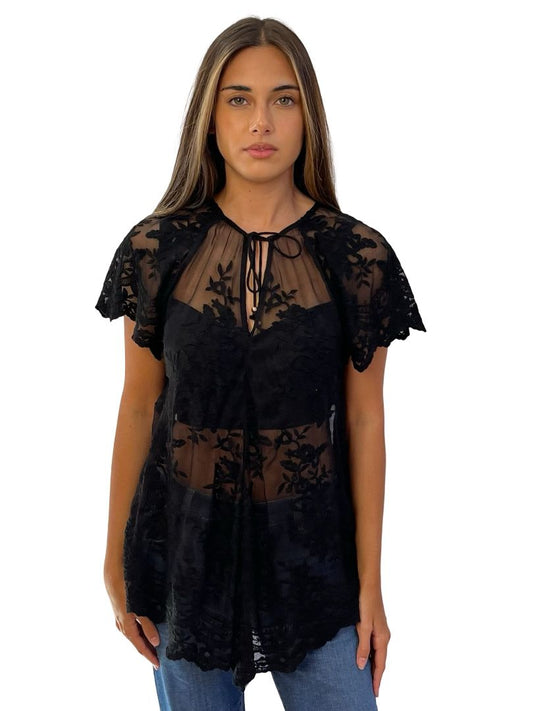 Zimmermann Black Cotton Lace Blouse W Neck Tie. Size: 0