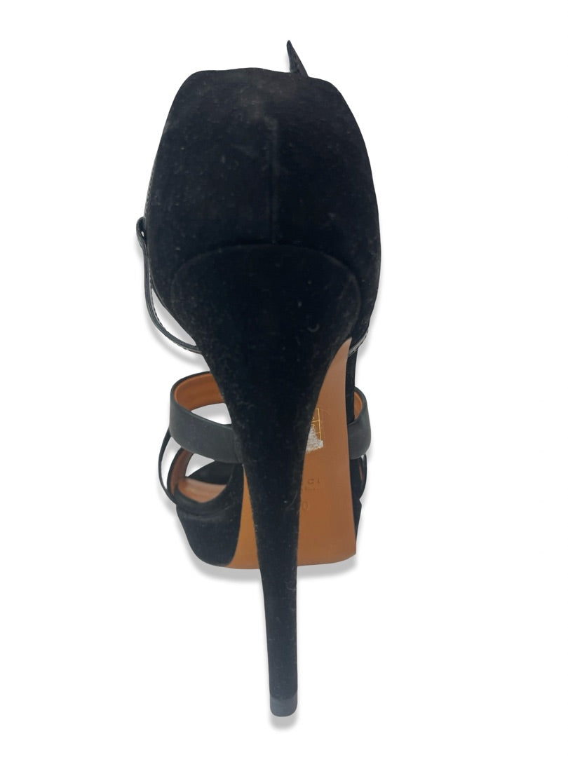 Gucci Black Suede Platform Heel w/ Patent Strap. Size: 40