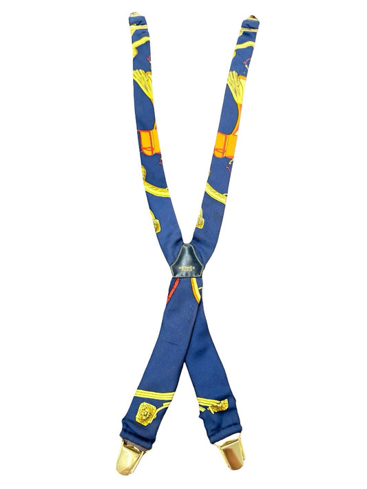 Hermes Navy / Red / Gold Silk Print Suspenders.