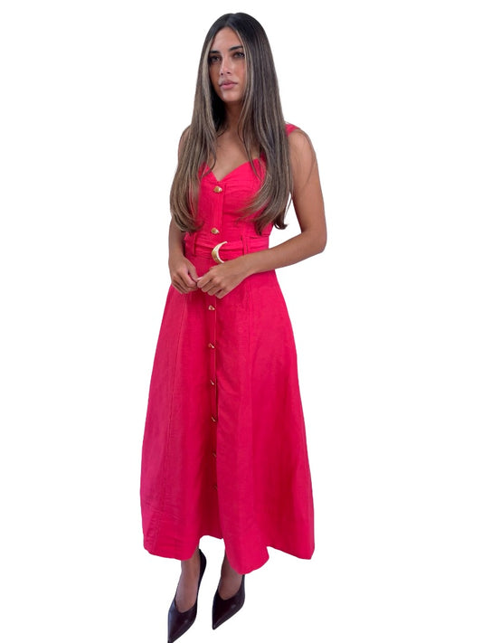 Aje Pink 'Leonie' Gold Buttoned Belted Midi Dress. Size: 4 AU