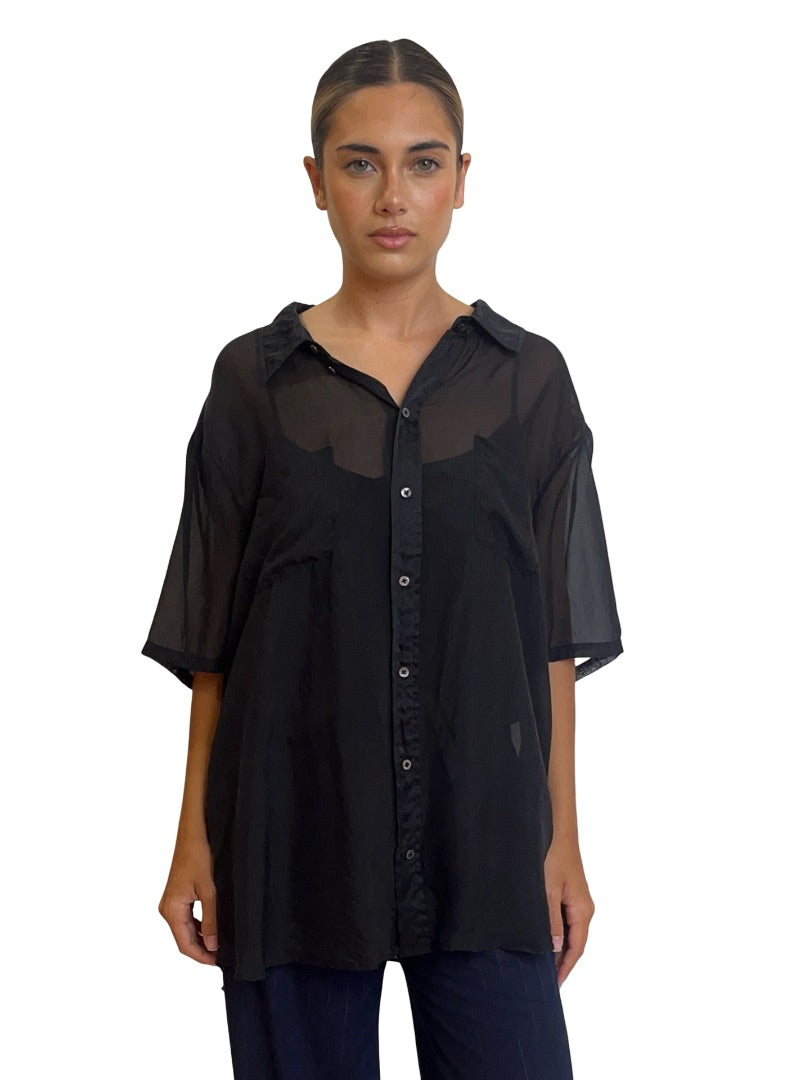 Silk Laundry Black Crinkle Silk Shirt. Size: XL