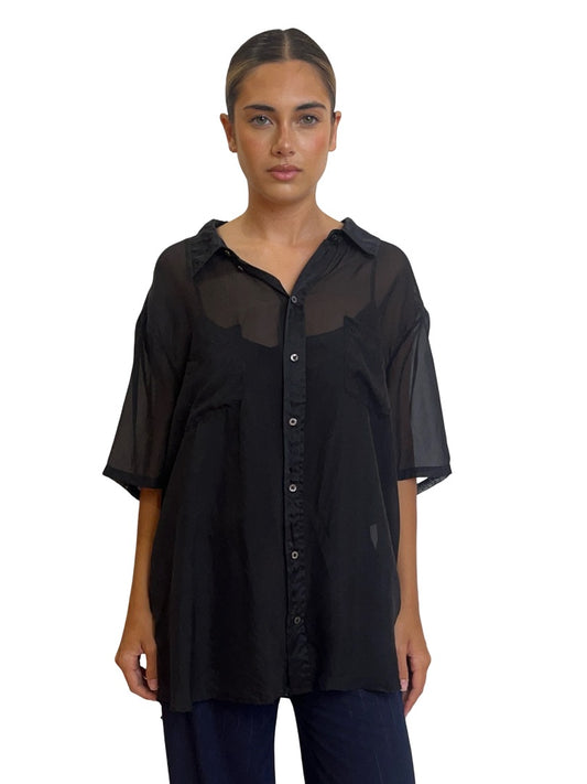 Silk Laundry Black Crinkle Silk Shirt. Size: XL