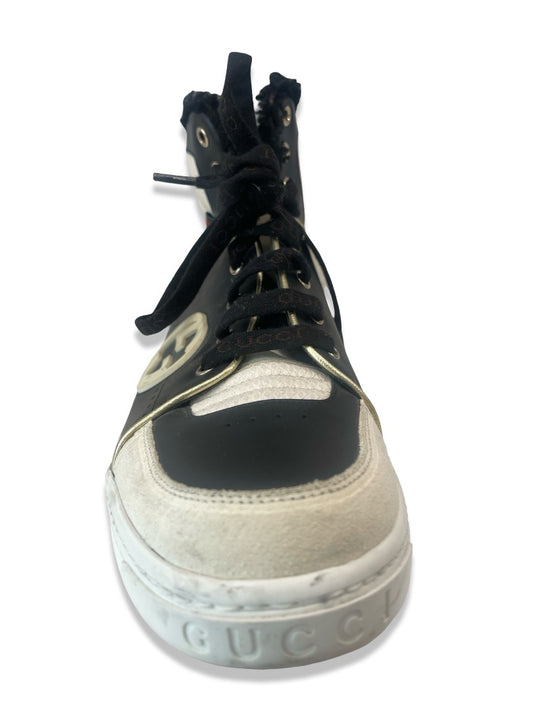 Gucci Black / White High Top Leather & Shearling Sneaker. Size: 10.5