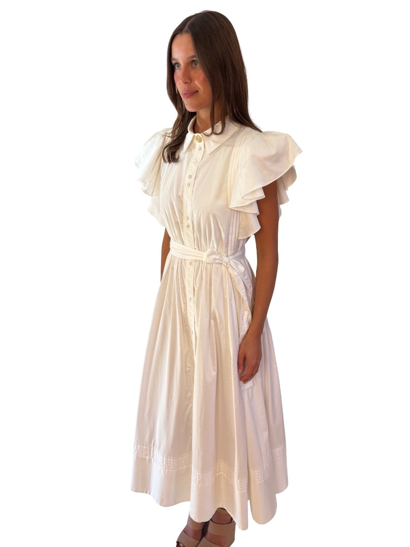 Aje White 'Kindred' Frill Sleeve Belted Midi Dress. Size: 12