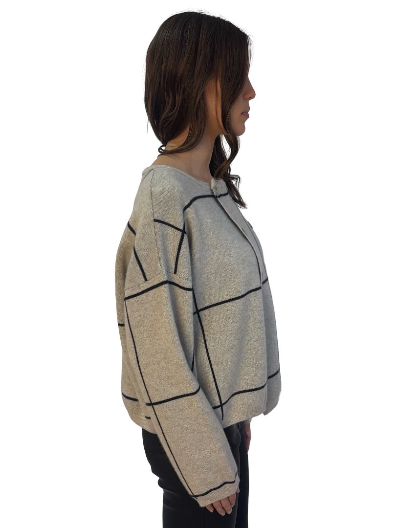 Vic & Bert Neutral Cashmere Windowpane Pattern Double Breasted Cardigan. Size: M