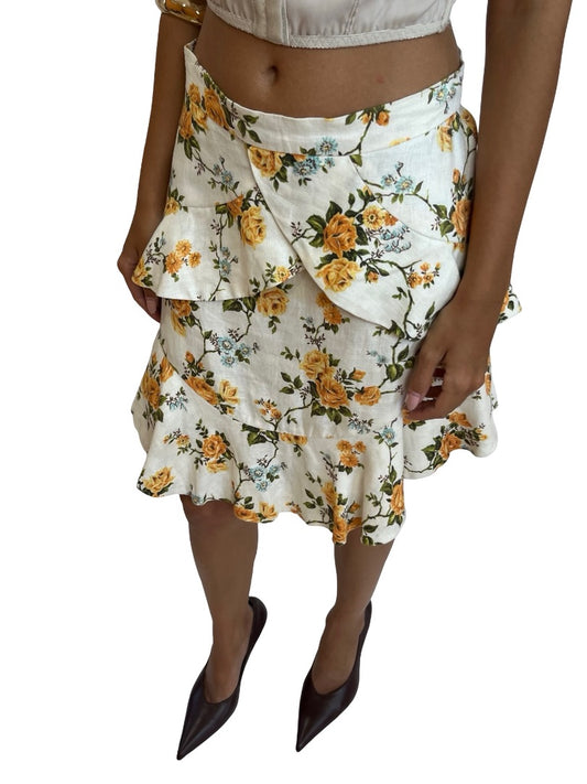 Zimmermann White Layered Skirt w/ Yellow Rose Print. Size: 1