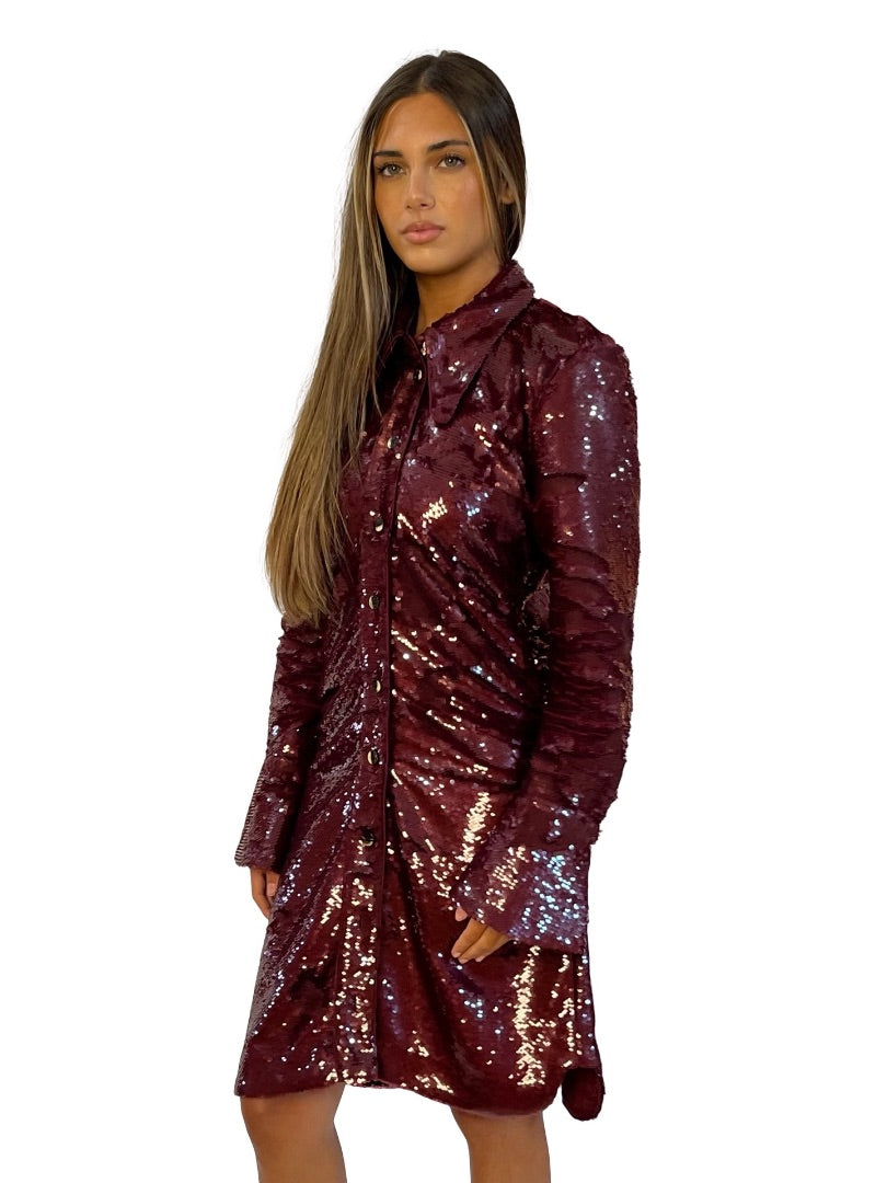 Ganni Burgundy Sequin Gathered Shirt Dress. Size: 38