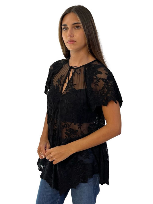 Zimmermann Black Cotton Lace Blouse W Neck Tie. Size: 0