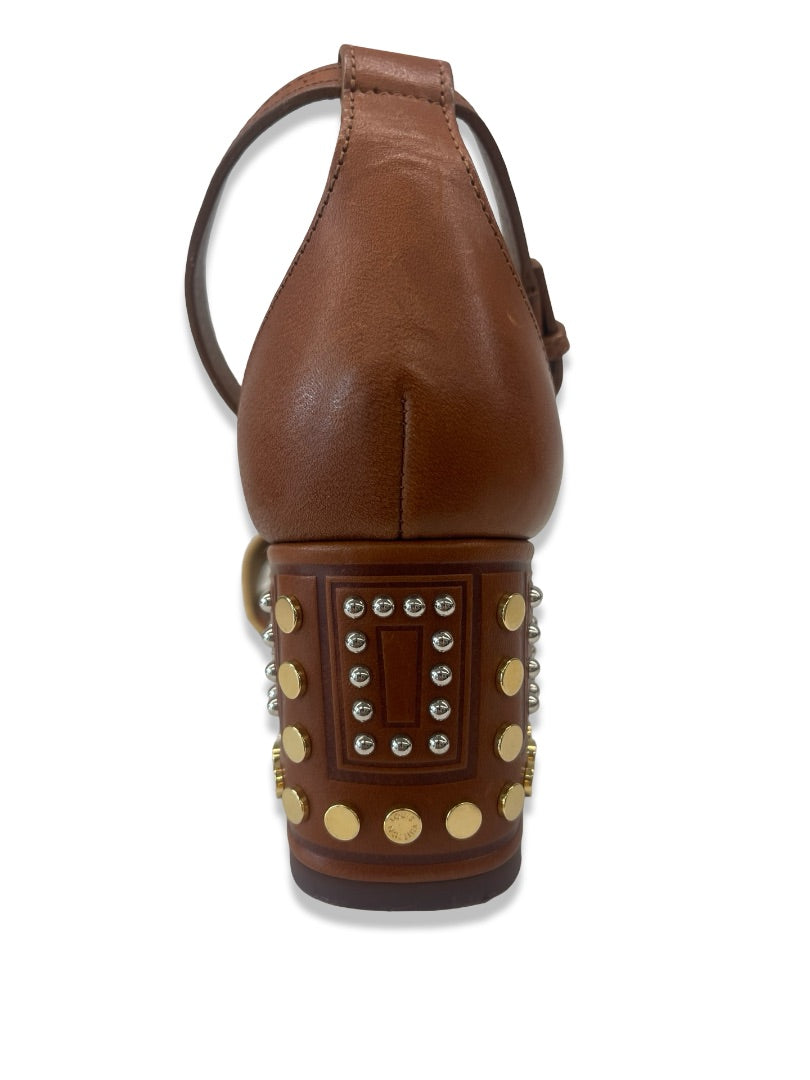 Louis Vuitton Brown / Gold Leather Studded Block Heel Sandal. Size: 40