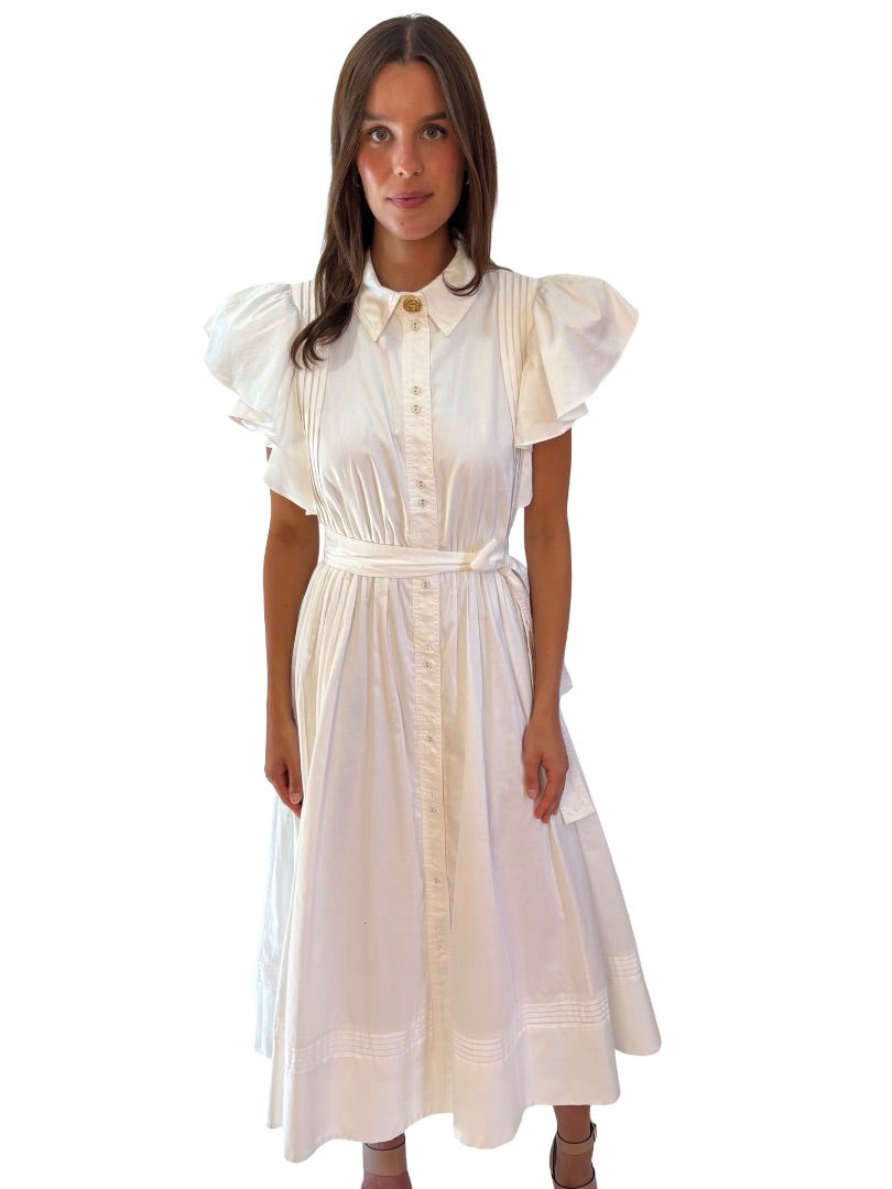 Aje White 'Kindred' Frill Sleeve Belted Midi Dress. Size: 12