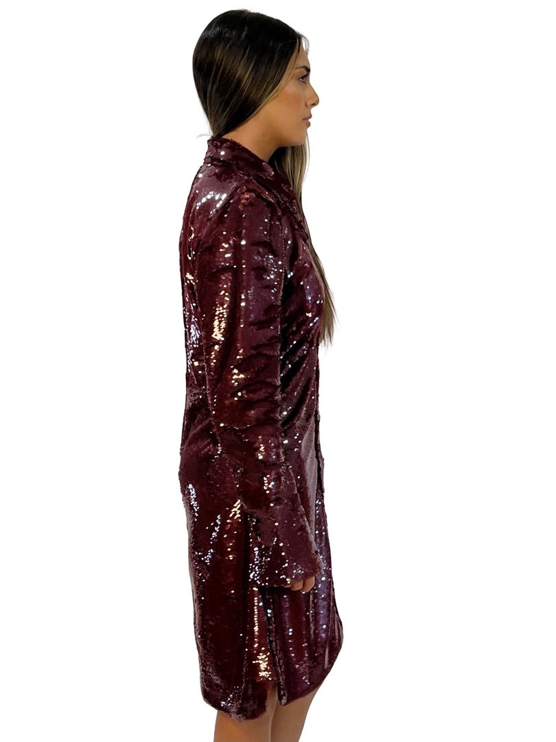 Ganni Burgundy Sequin Gathered Shirt Dress. Size: 38