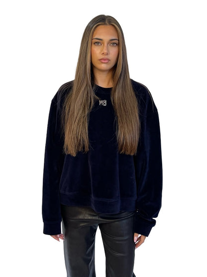 alexanderwang.t Navy Velvet Crystal Logo Sweater. Size: L