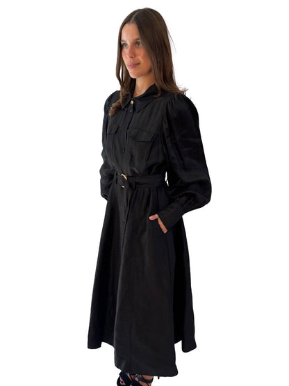Aje Black Linen 'Tasmin' Belted Midi Dress. Size: 14