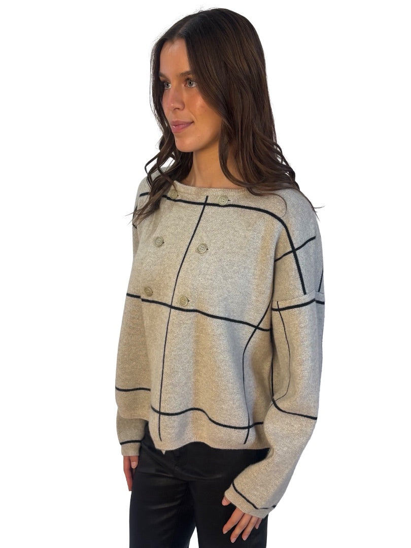 Vic & Bert Neutral Cashmere Windowpane Pattern Double Breasted Cardigan. Size: M
