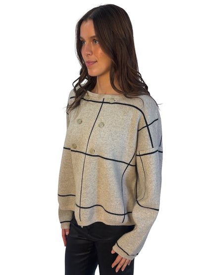 Vic & Bert Neutral Cashmere Windowpane Pattern Double Breasted Cardigan. Size: M