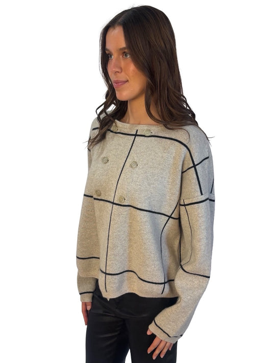 Vic & Bert Neutral Cashmere Windowpane Pattern Double Breasted Cardigan. Size: M