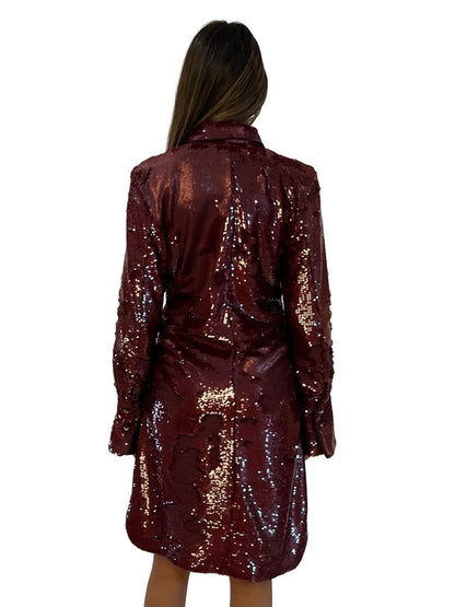 Ganni Burgundy Sequin Gathered Shirt Dress. Size: 38