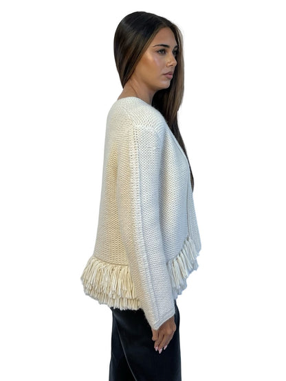 Vanessa Bruno Cream Baby Alpaca Knit Jacket w/ Fringe Waist Band. Size: L