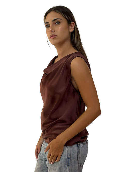 Husk Brown Silk Cowl Neck Top. Size: 10