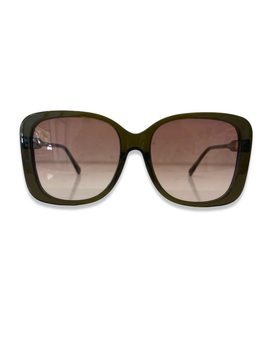 Chloe Olive Square Frame Glasses w/ Rose Lens.