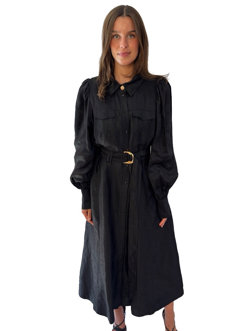 Aje Black Linen 'Tasmin' Belted Midi Dress. Size: 14