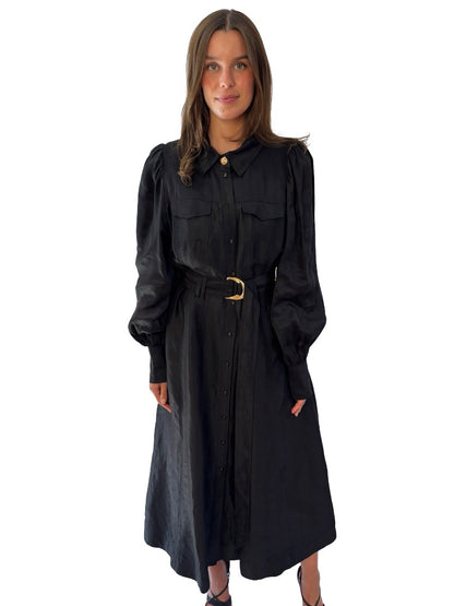 Aje Black Linen 'Tasmin' Belted Midi Dress. Size: 14