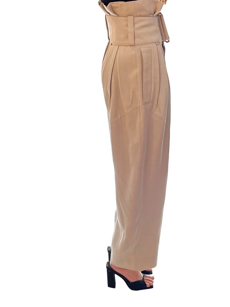 J.W Anderson Neutral Pleated Waist Wide Leg Pants w/ Thick Belt. Size: 4