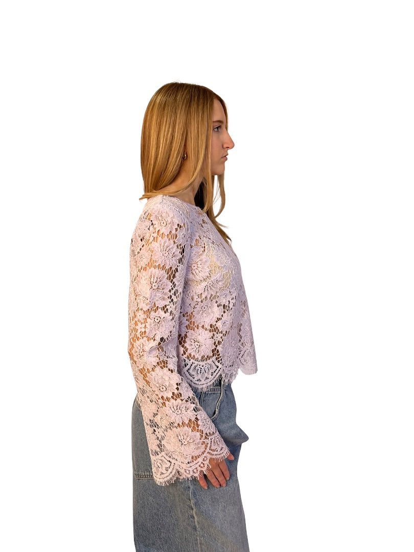 Self Portrait Lilac Floral Lace Fluted Sleeve Top. Size: 8