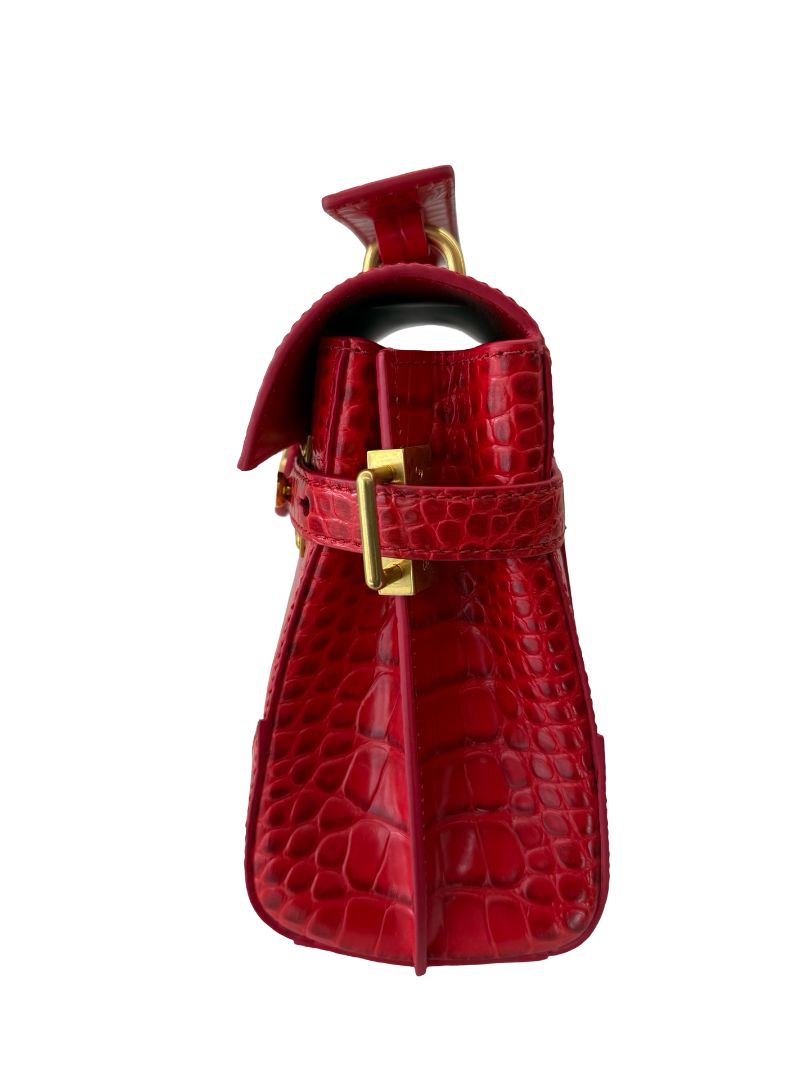 Balmain Red B-Buzz Croc Embossed Top Handle Bag.