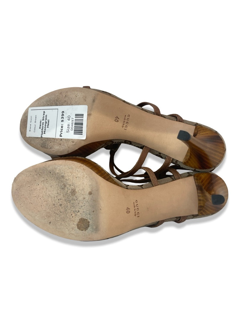 Gucci Brown Platform Strap Monogram Heel. Size: 40
