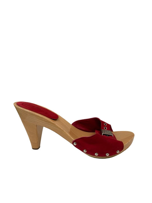 Chanel Red Suede Wooden Mules w/ Silver CC Plate. Size: 41
